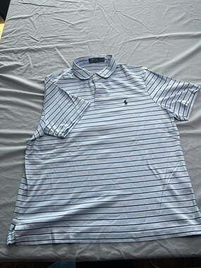 Polo Ralph Lauren Men's XL Blue and Navy Striped Short Sleeve Polo Shirt